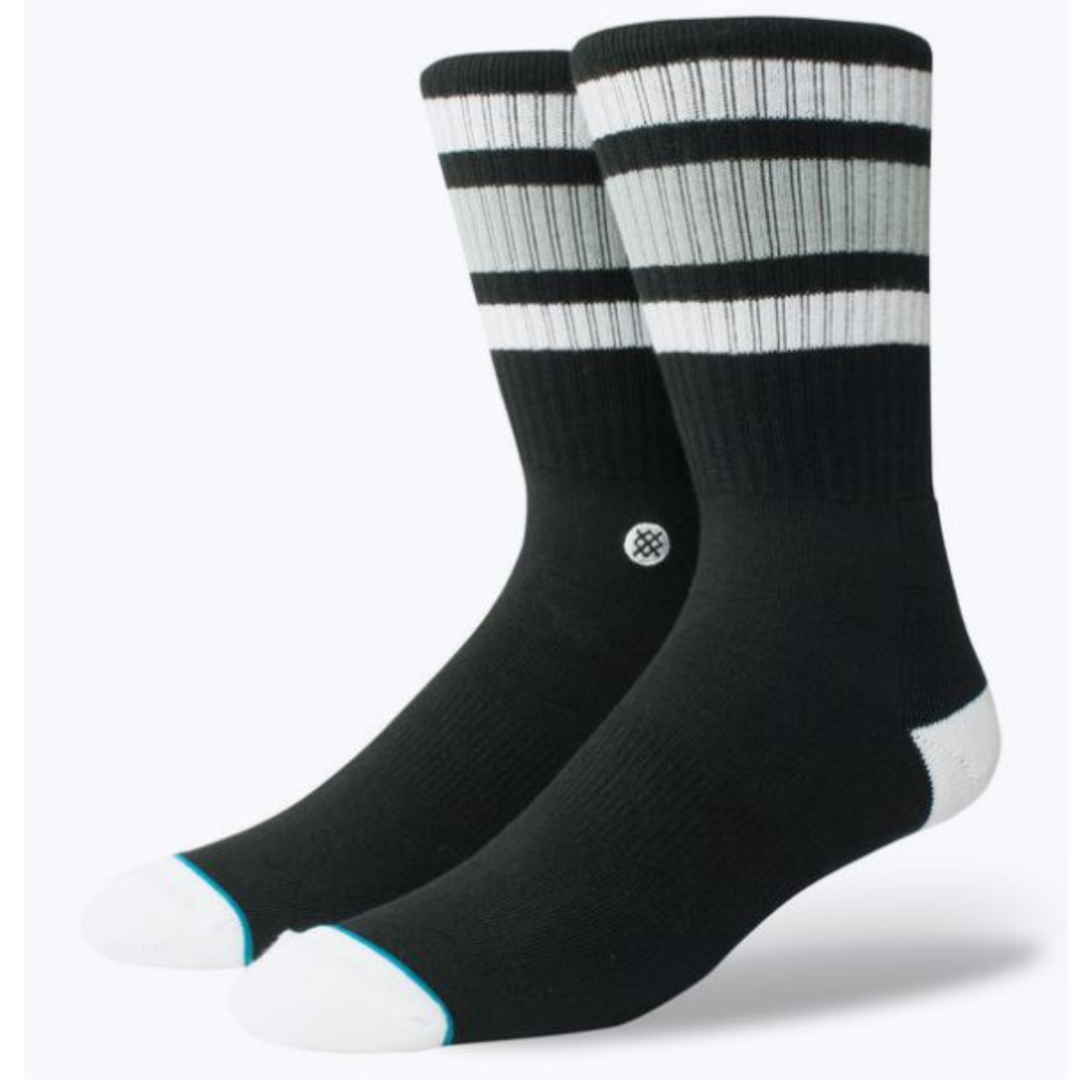 Stance Boyd crew height men&#39;s sock featuring black sock with white toe and heel and gray and white stripes at top. Socks shown on display feet. 