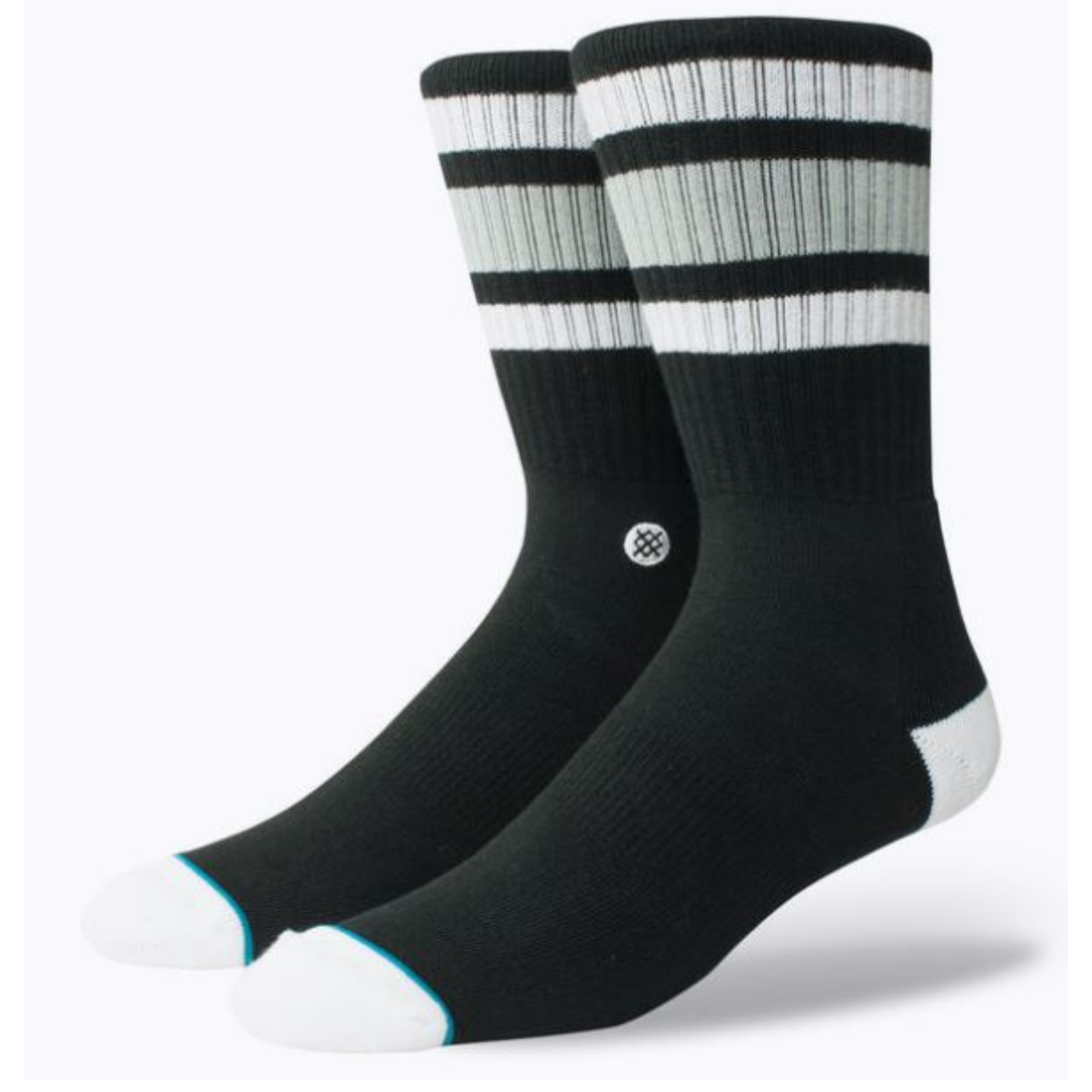 Stance Boyd crew height men's sock featuring black sock with white toe and heel and gray and white stripes at top. Socks shown on display feet. 