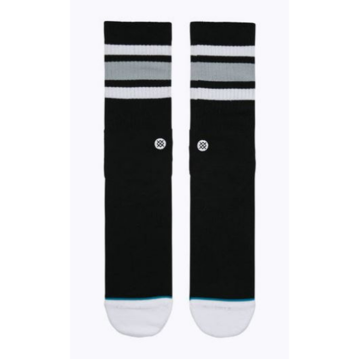 Top of Stance Boyd crew height men&#39;s sock featuring black sock with white toe and heel and gray and white stripes at top. 