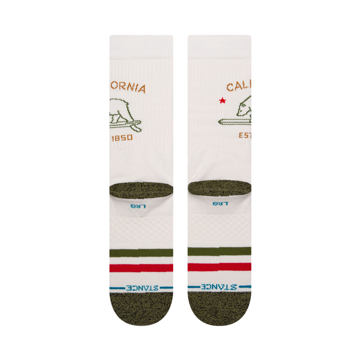 Back of Stance California Republic mens and women&#39;s, sock features the words California est 1850 and a bear on a surfboard