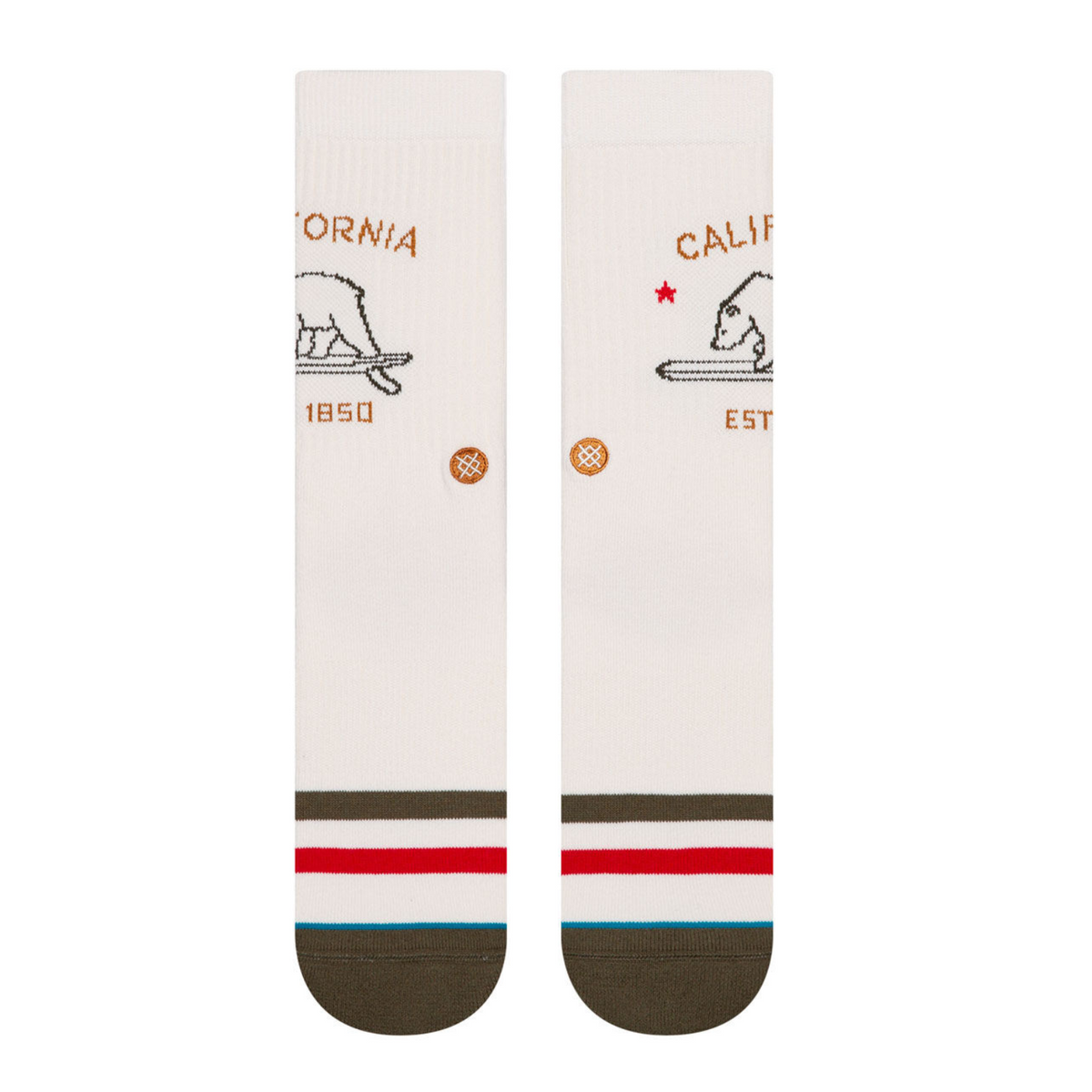 Front of Stance California Republic mens and women&#39;s, sock features the words California est 1850 and a bear on a surfboard