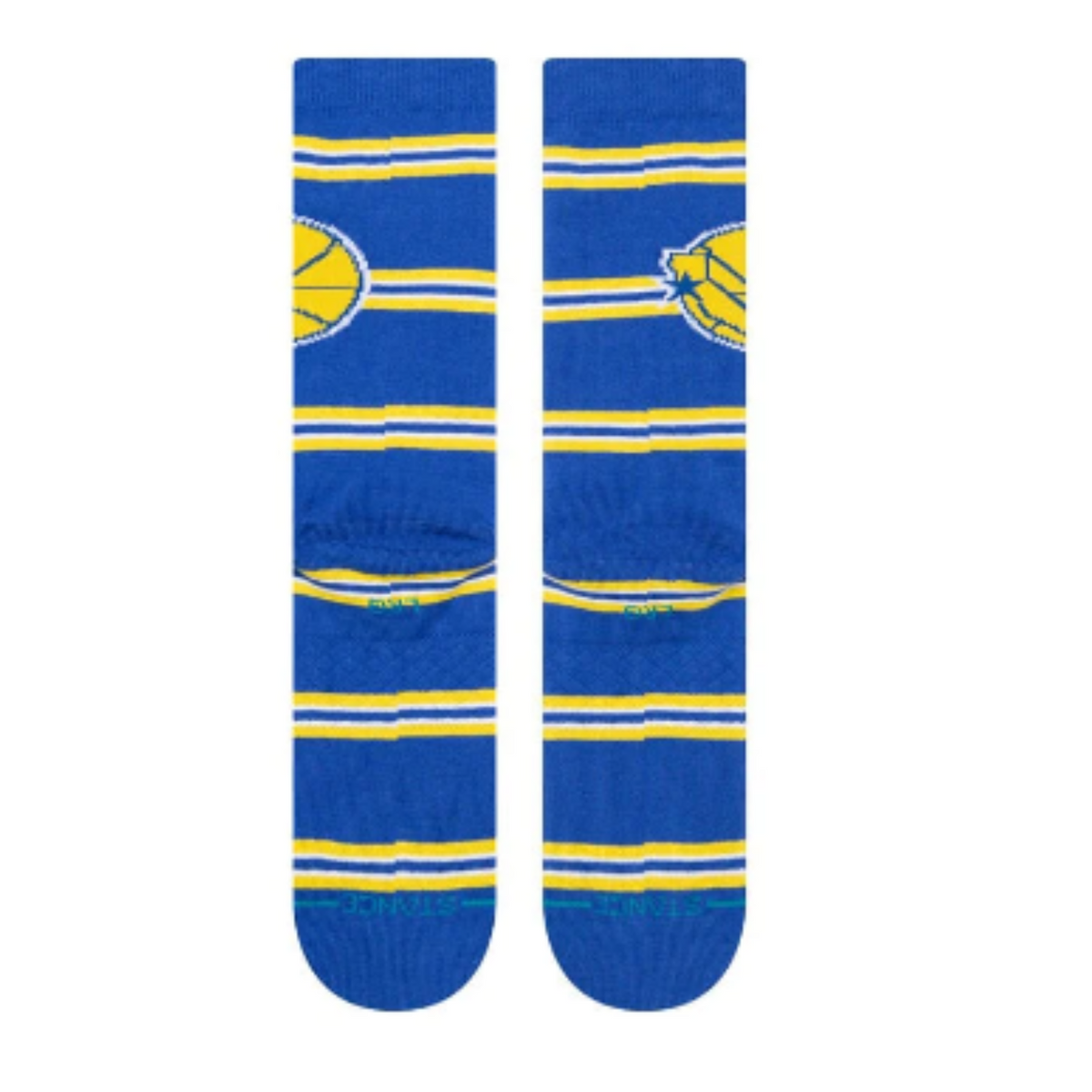Stance NBA Classics Warriors men&#39;s crew sock featuring yellow and blue stripes and Warriors logo. Socks shown flat from bottom.. 