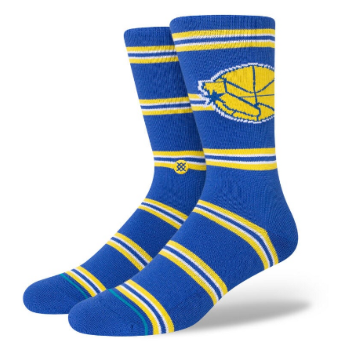 Stance NBA Classics Warriors men&#39;s crew sock featuring yellow and blue stripes and Warriors logo. Socks shown on display feet from the side. 