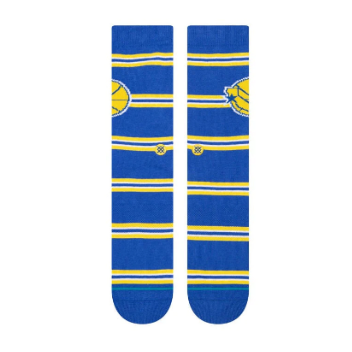 Stance NBA Classics Warriors men&#39;s crew sock featuring yellow and blue stripes and Warriors logo. Socks shown flat from front. 