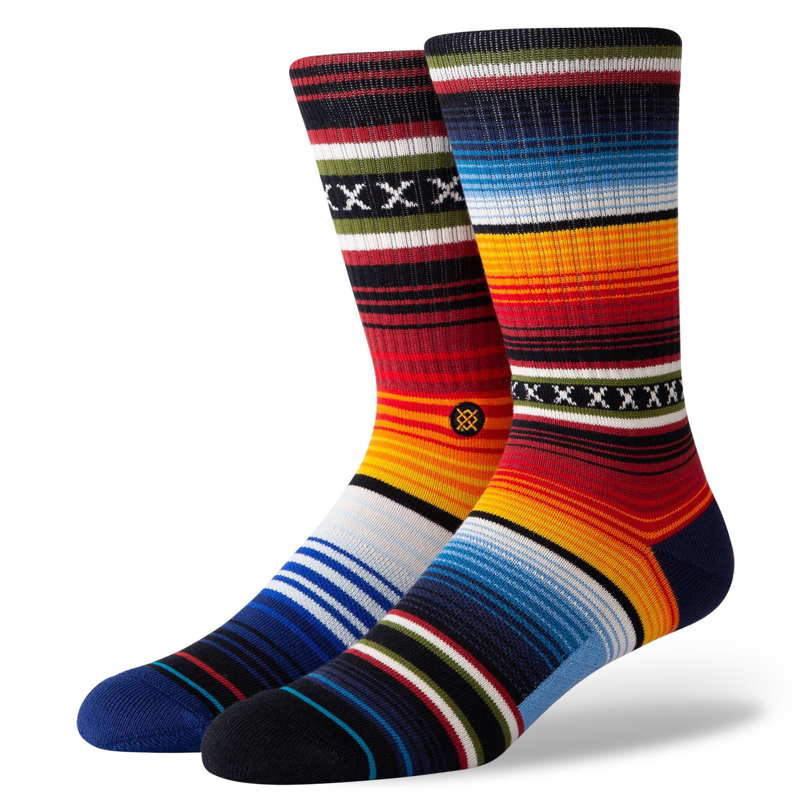 Stance Curren men's sock featuring multi-colored stripes on mis-matched socks. Socks shown on display feet. 