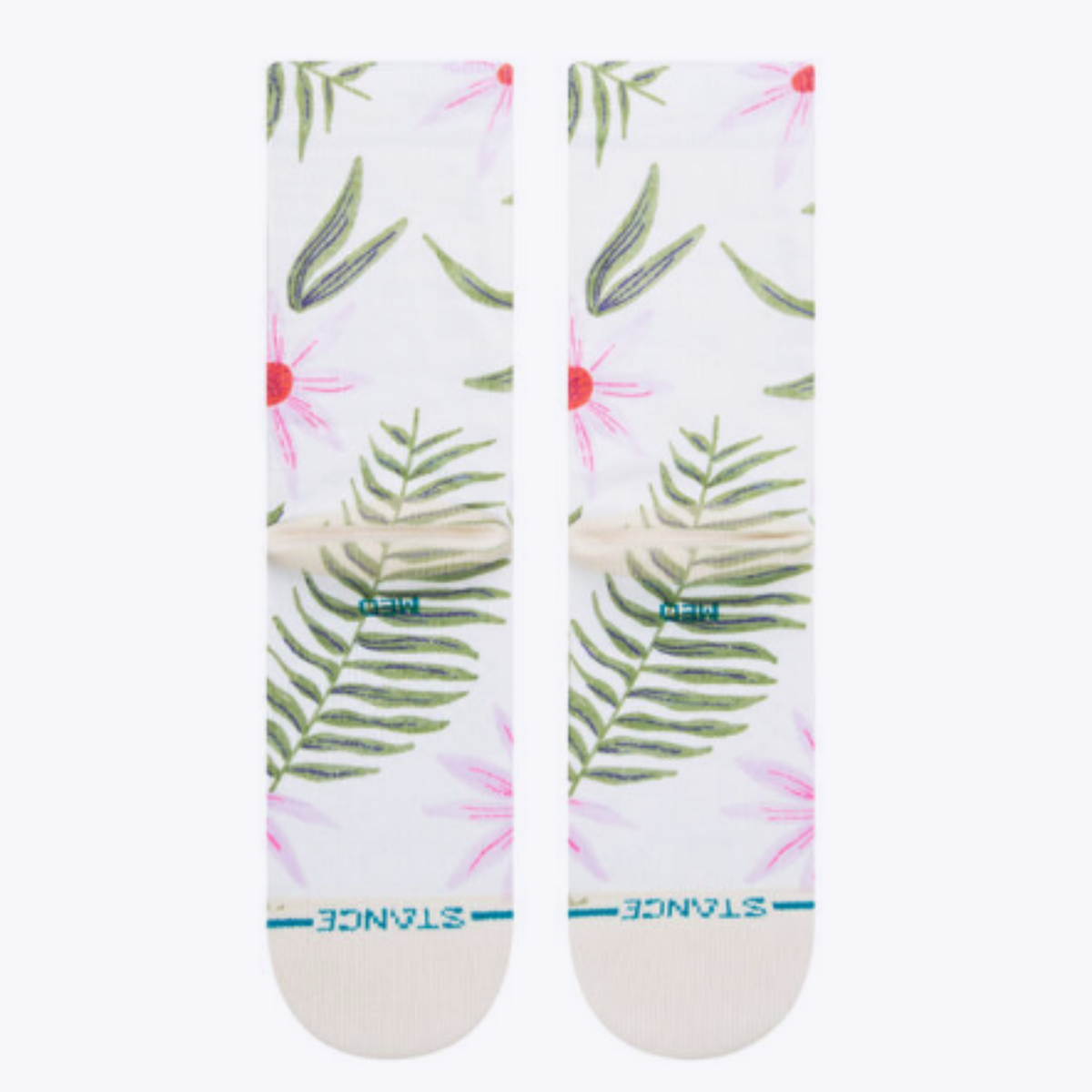 Bottom of Stance Flaunt women&#39;s crew sock featuring white sock with pink flowers and green leaves and stems.