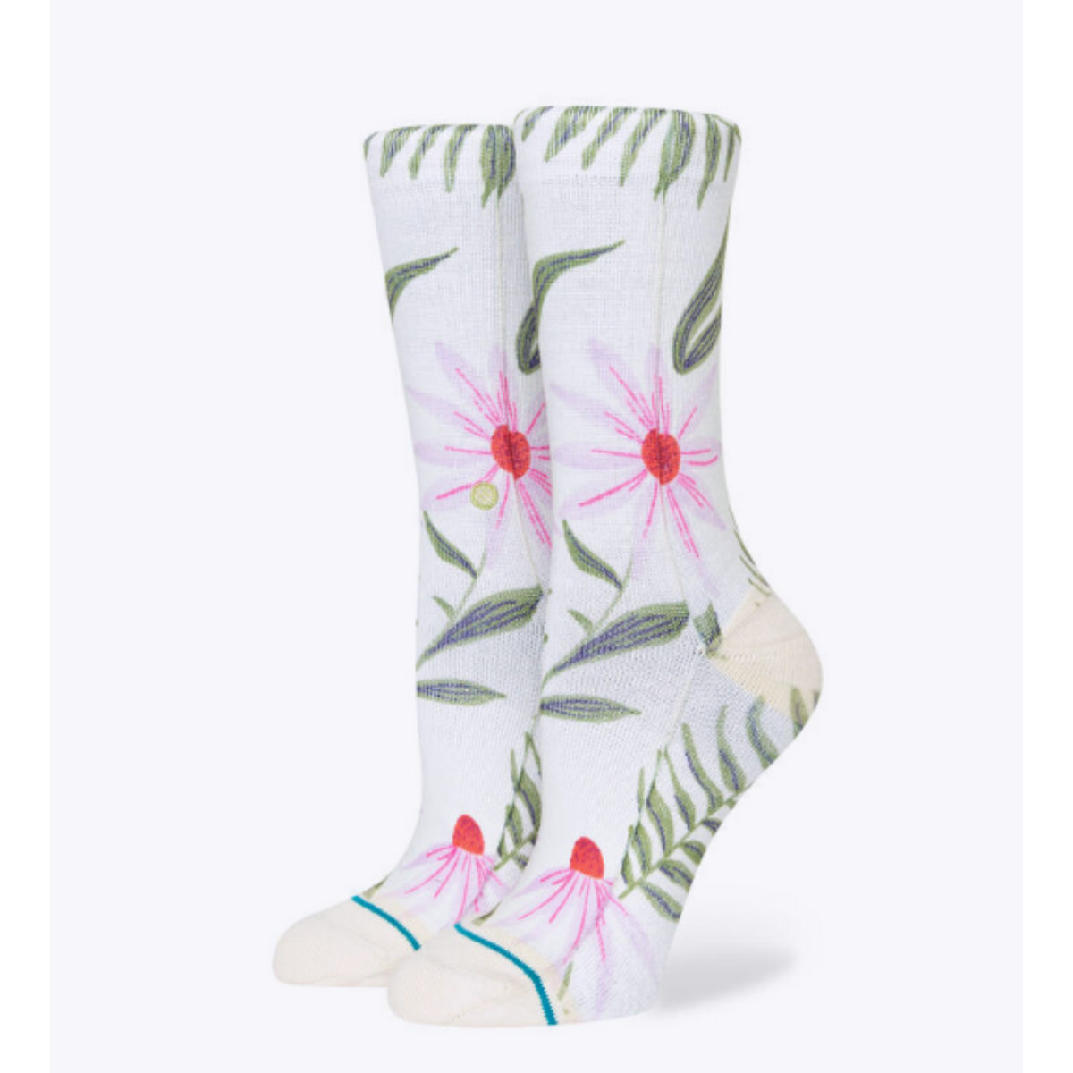 Stance Flaunt women&#39;s crew sock featuring white sock with pink flowers and green leaves and stems. Socks shown on display feet. 
