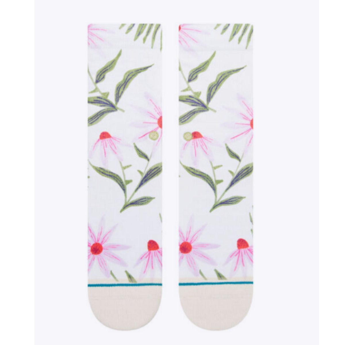 Top of Stance Flaunt women&#39;s crew sock featuring white sock with pink flowers and green leaves and stems.