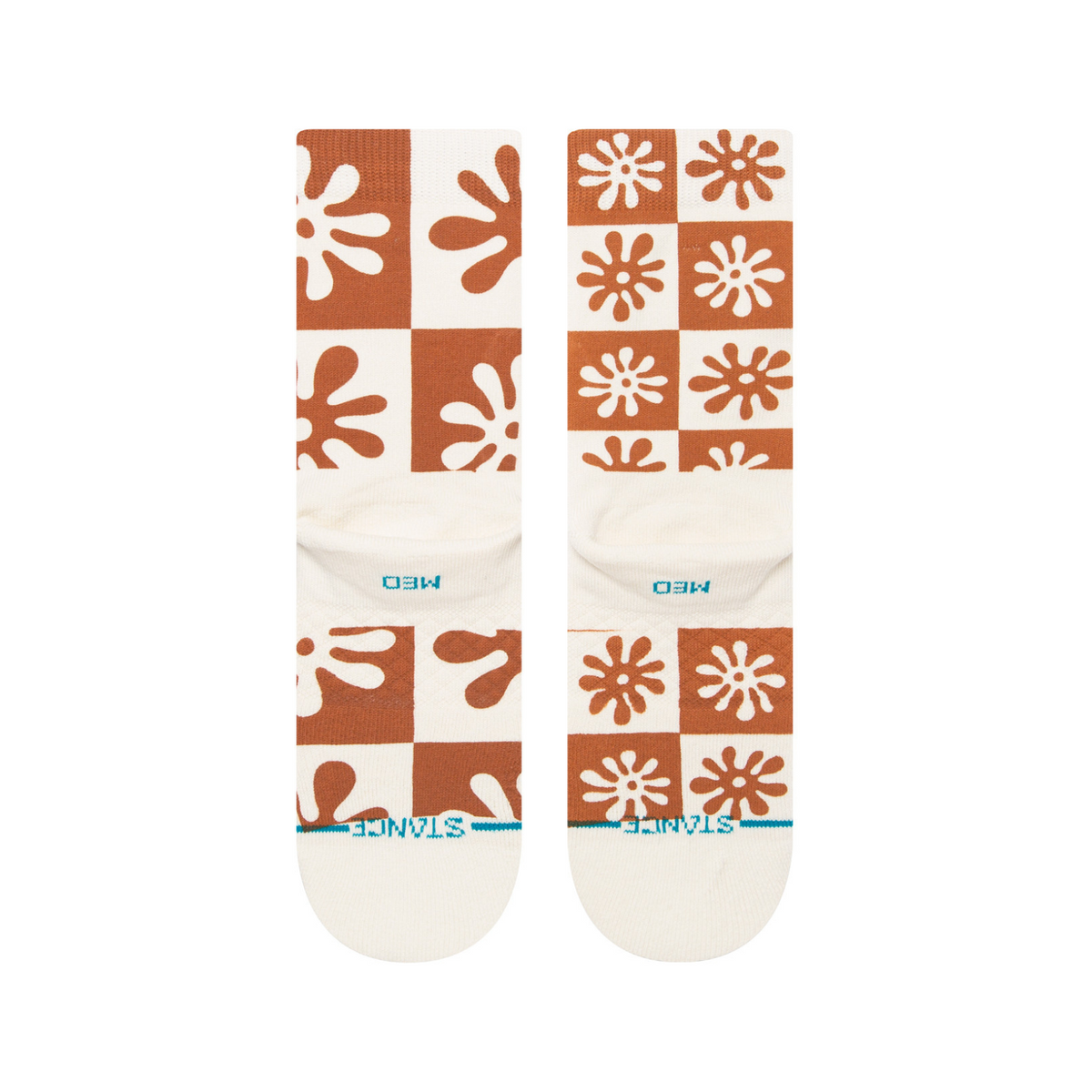 Stance Flower Girl women&#39;s crew sock featuring off white sock with brown abstract flower pattern all over showing bottom of socks