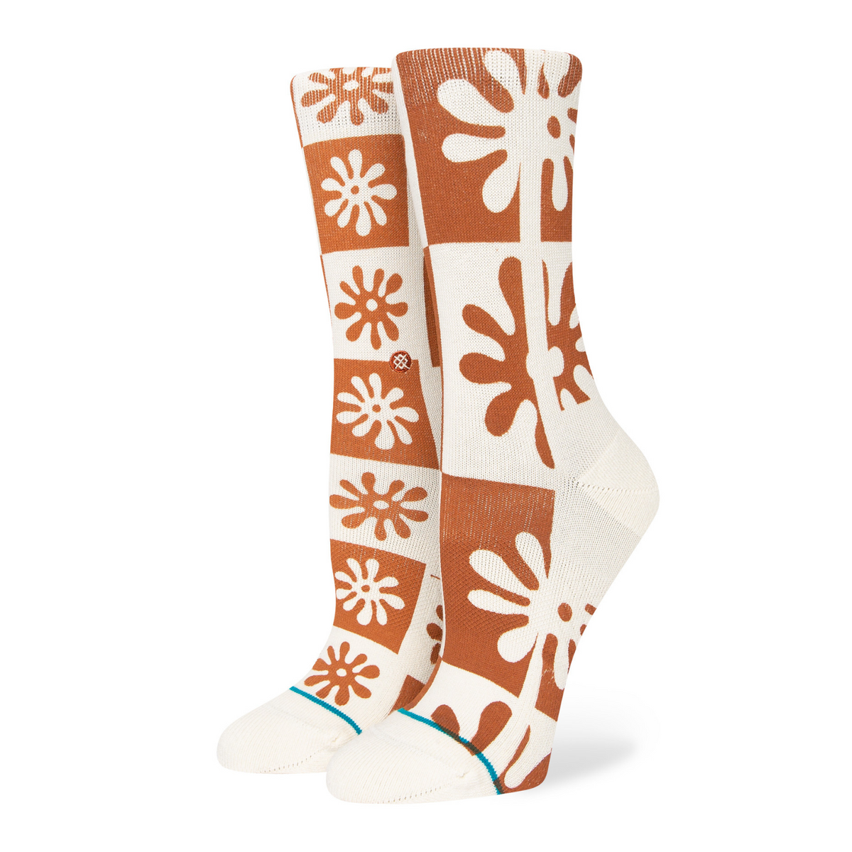 Stance Flower Girl women&#39;s crew sock featuring off white sock with brown abstract flower pattern all over on display feet