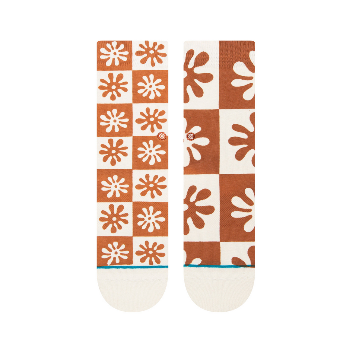 Stance Flower Girl women&#39;s crew sock featuring off white sock with brown abstract flower pattern all over showing top of socks