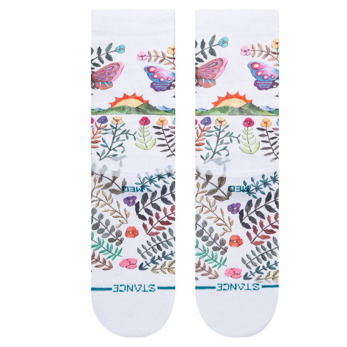 Bottom of Stance Garden of Growth women&#39;s crew sock featuring white sock with drawings of butterflies, flowers, and rainbows