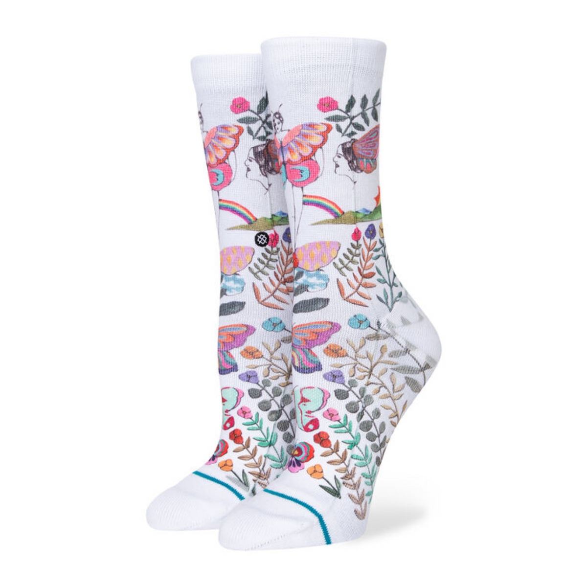 Stance Garden of Growth women&#39;s crew sock featuring white sock with drawings of butterflies, flowers, and rainbows on display feet