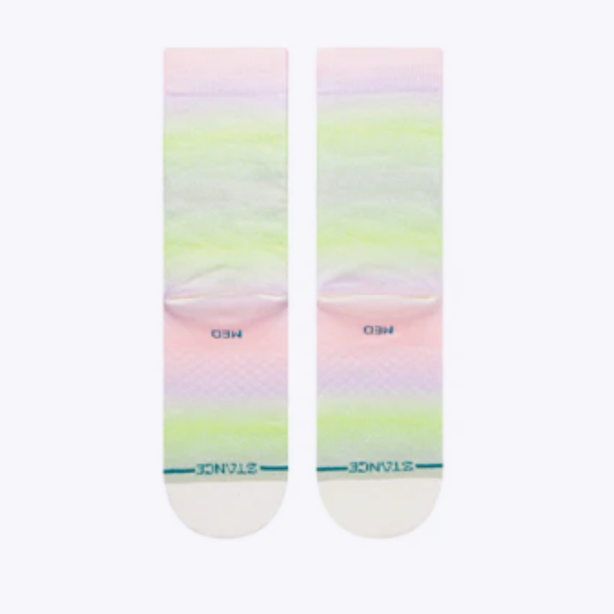 Stance Good Days women&#39;s crew sock featuring green, pink, and purple ombre all over sock. Socks shown flat from back..