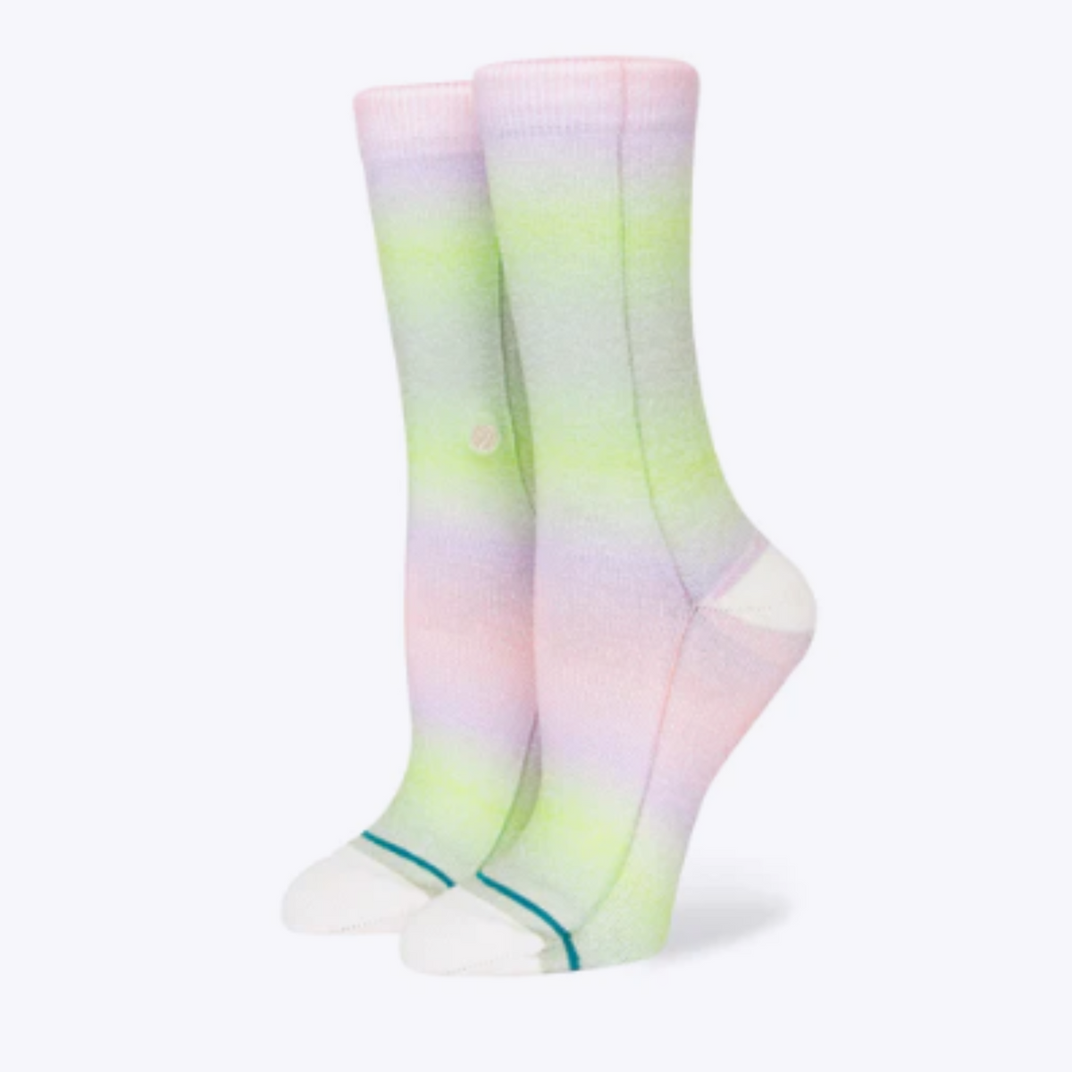 Stance Good Days women&#39;s crew sock featuring green, pink, and purple ombre all over sock. Socks shown on display feet. 