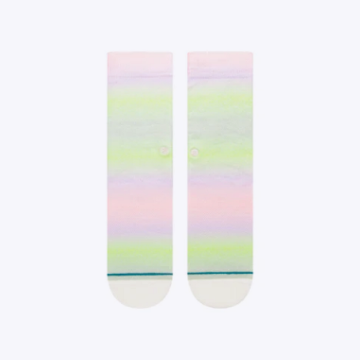 Stance Good Days women&#39;s crew sock featuring green, pink, and purple ombre all over sock. Socks shown flat from front.