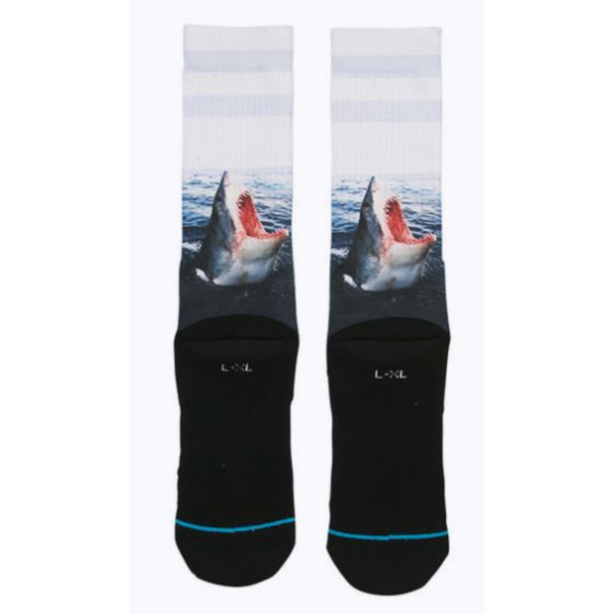 Stance Landlord men&#39;s crew sock featuring image of great white shark coming out of water with open mouth. Socks shown flat from back...