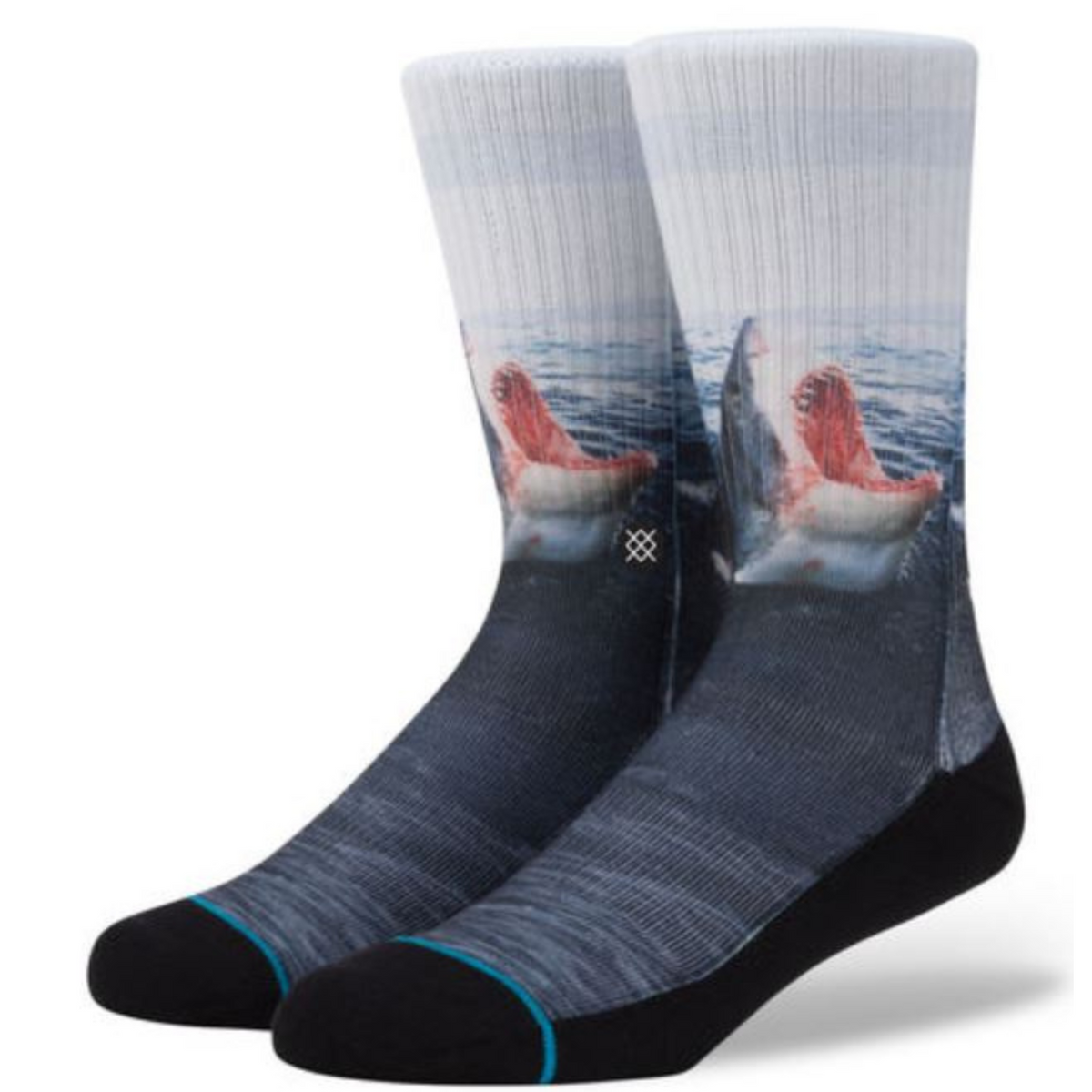 Stance Landlord men&#39;s crew sock featuring image of great white shark coming out of water with open mouth. Socks shown on display feet.