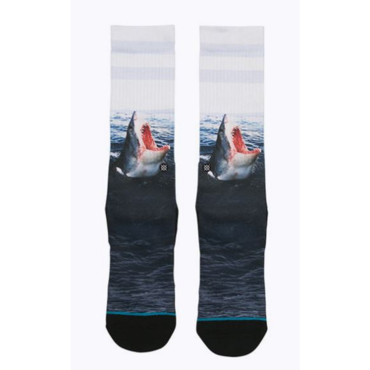 Stance Landlord men&#39;s crew sock featuring image of great white shark coming out of water with open mouth. Socks shown flat from front..