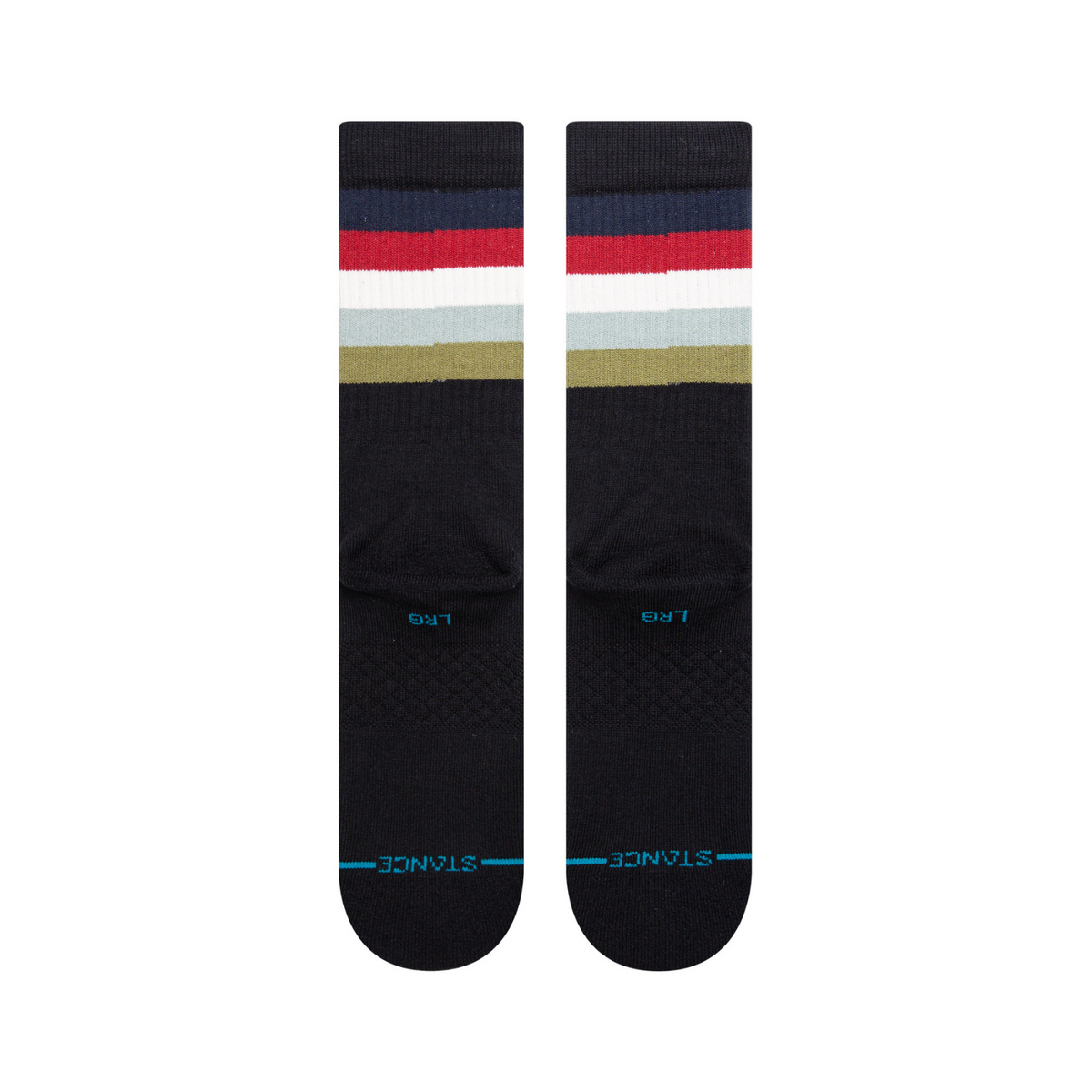Bottom of Stance Maliboo men&#39;s crew sock featuring black sock with navy, red, white, gray, and olive stripes at cuff. 