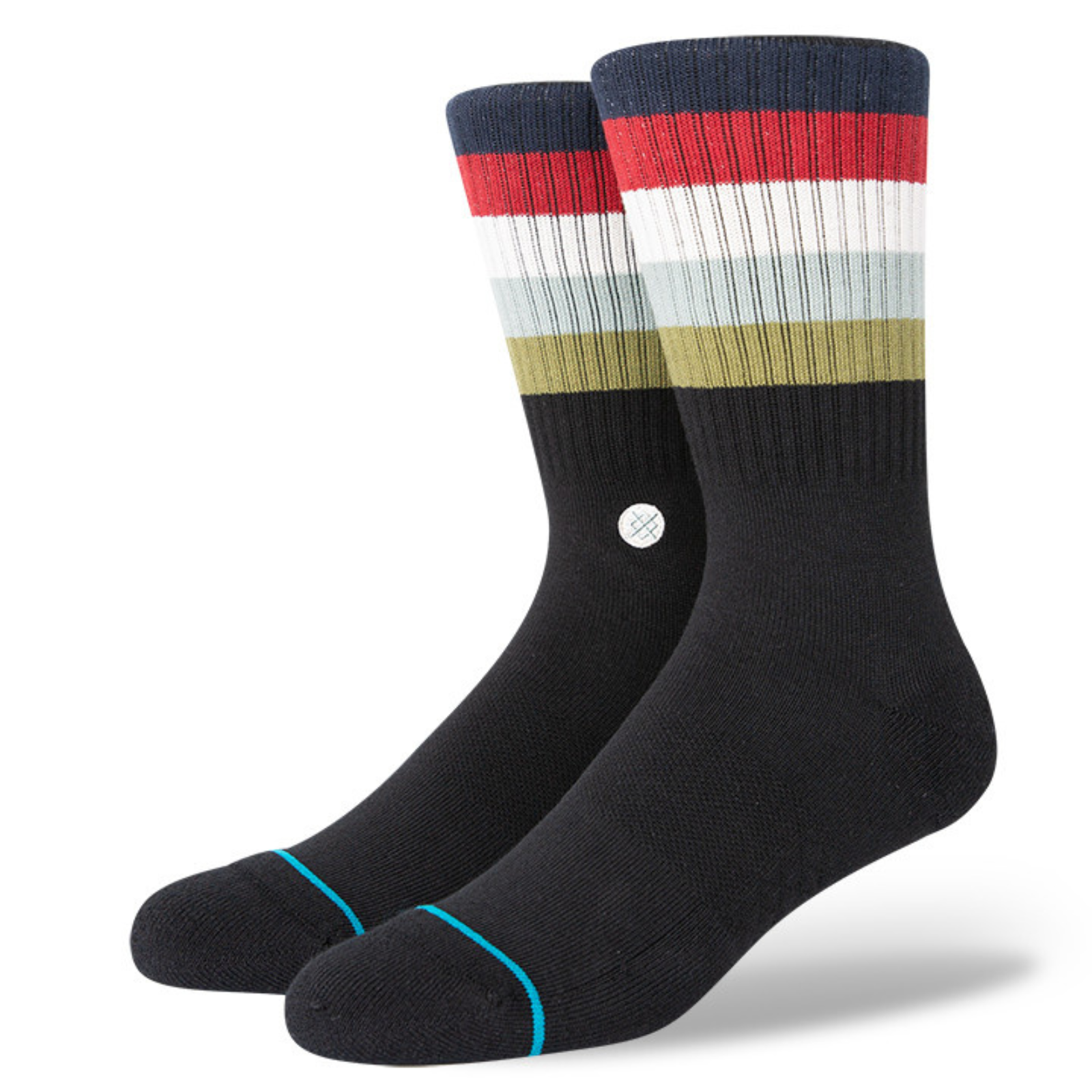Stance Maliboo men's crew sock featuring black sock with navy, red, white, gray, and olive stripes at cuff. Socks shown on display feet. 
