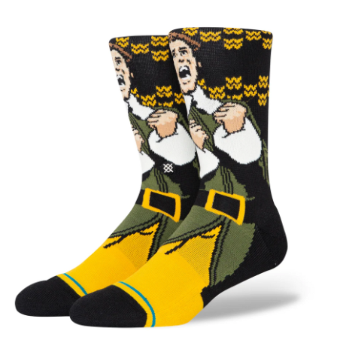 Stance Smiling&#39;s My Favorite men&#39;s crew sock featuring Buddy the Christmas Elf. Socks shown on display feet. 