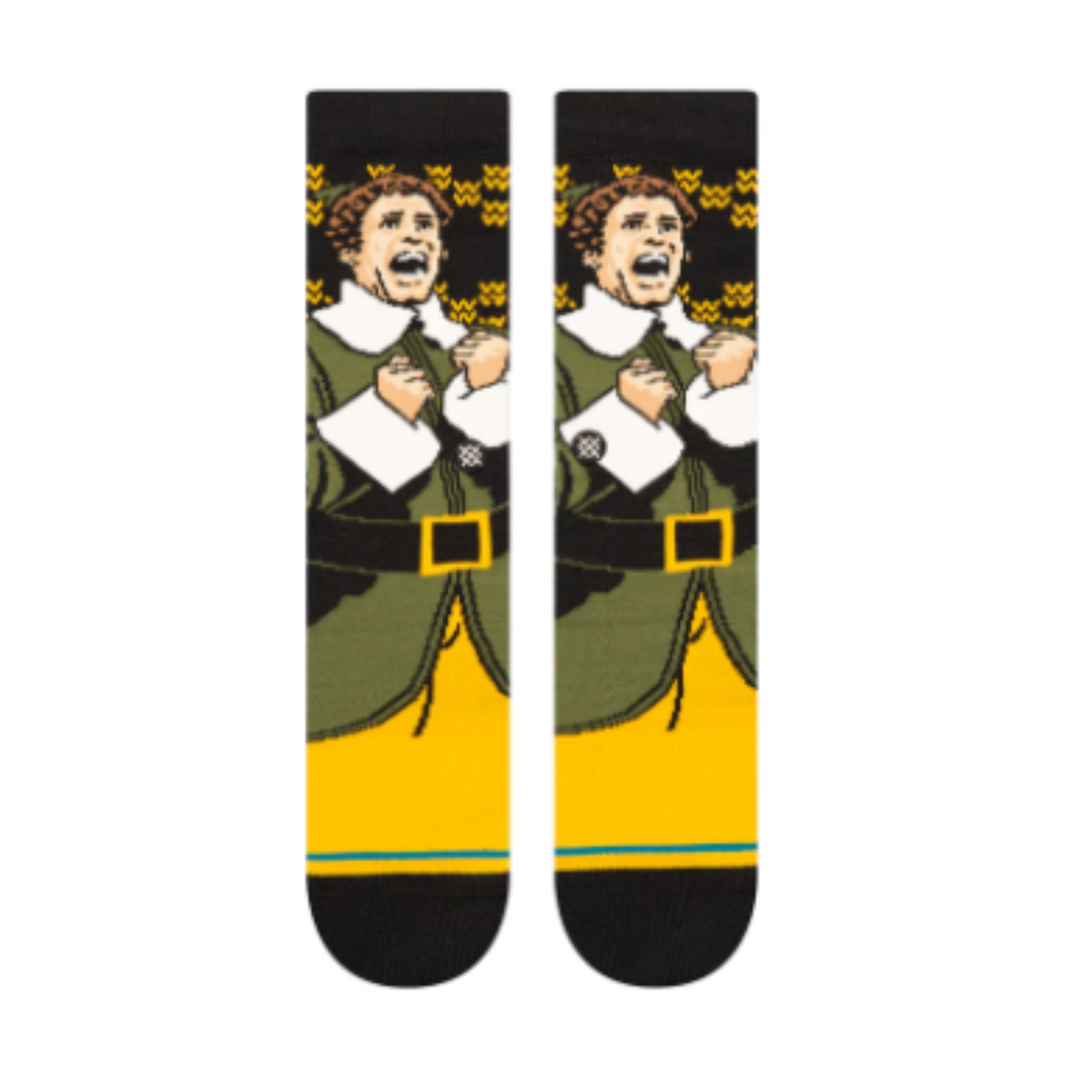 Top of Stance Smiling&#39;s My Favorite men&#39;s crew sock featuring Buddy the Christmas Elf. 