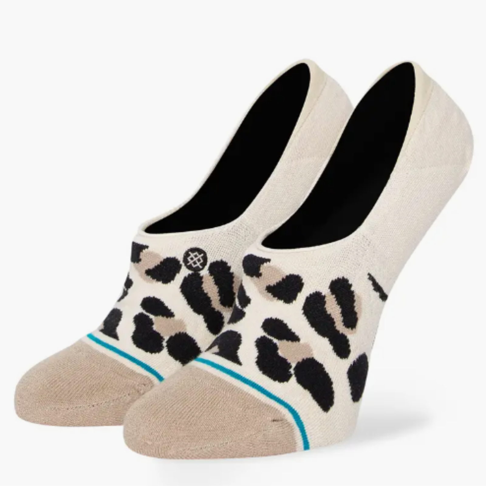 Stance Spot On No Show women's sock featuring leopard print. Socks shown on display feet. 