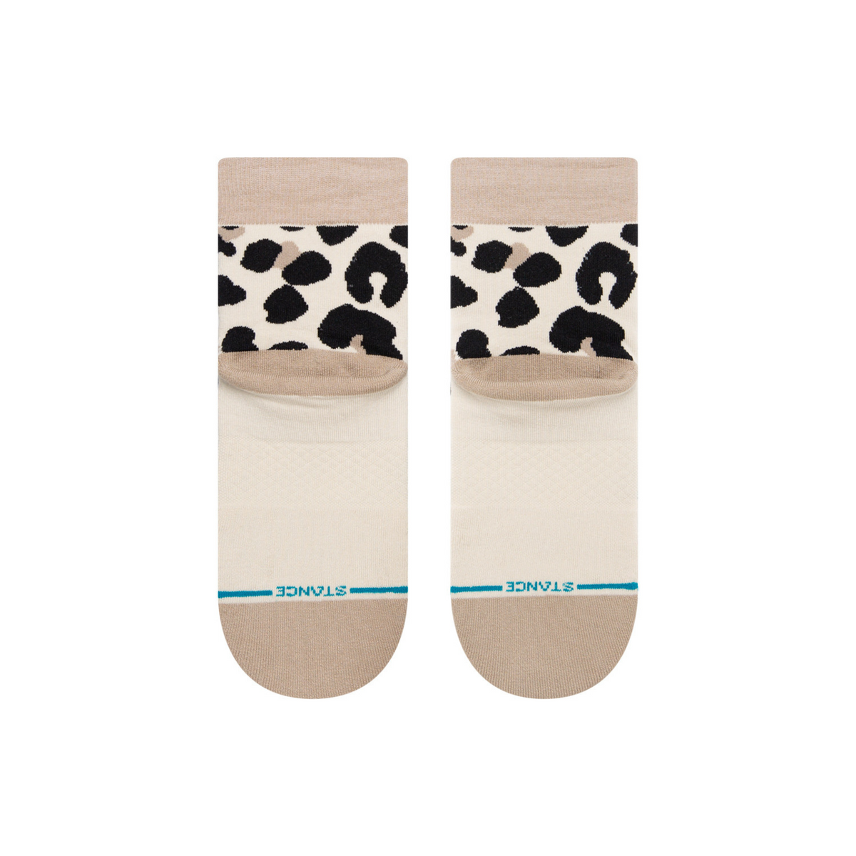 Stance Spot On quarter height women&#39;s sock featuring beige sock with leopard print all over seen from bottom