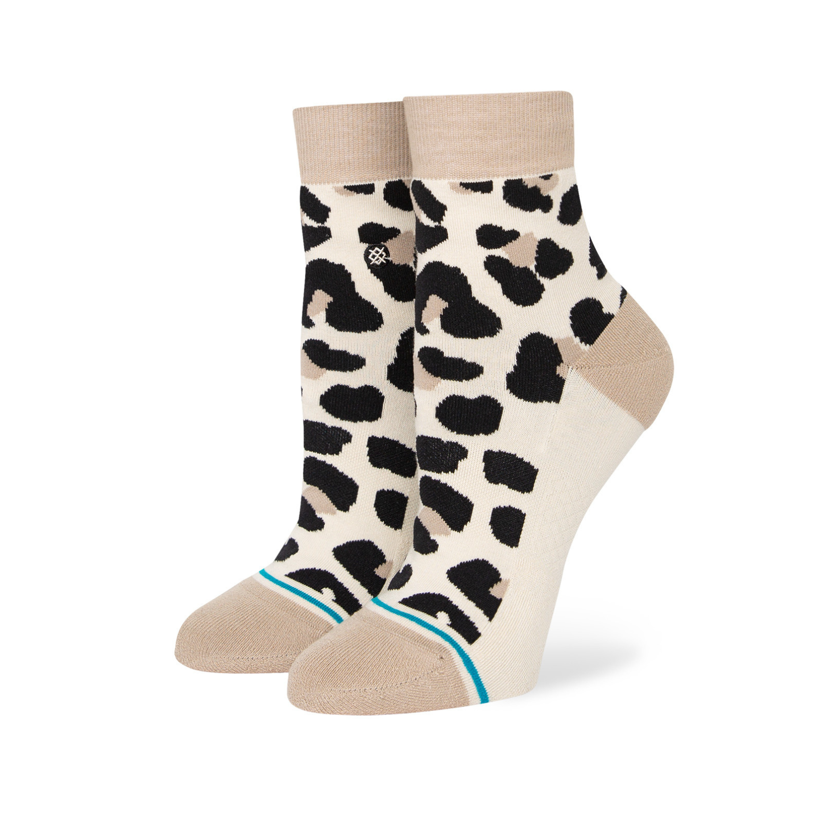 Stance Spot On quarter height women's sock featuring beige sock with leopard print all over worn on display feet