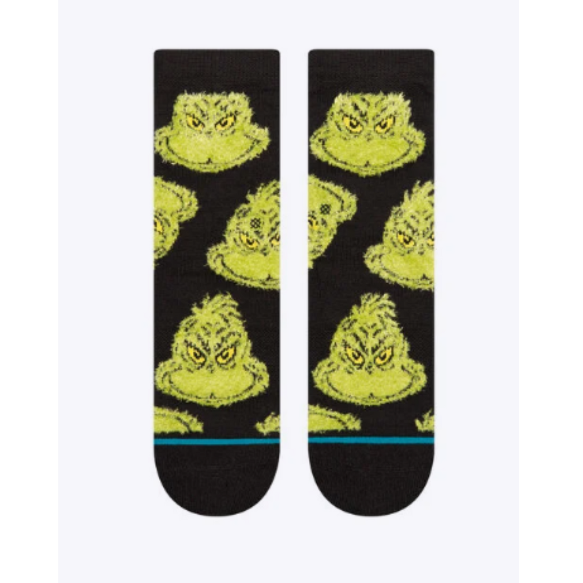Top of Stance The Grinch Mean One kids&#39; crew sock featuring a black sock with images of The Grinch all over.