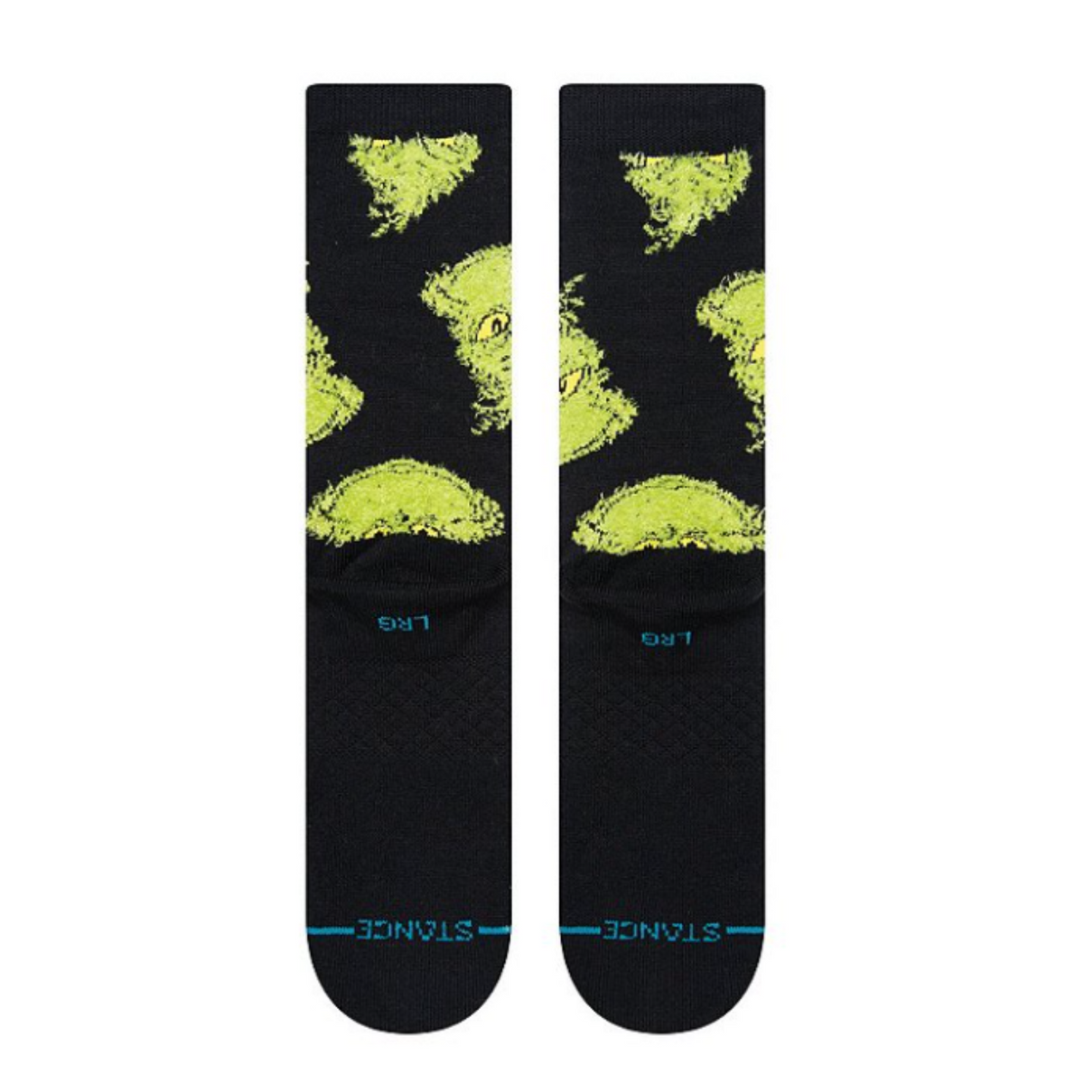 Bottom of Stance The Grinch Mean One men&#39;s crew sock featuring a black sock with images of The Grinch all over. 