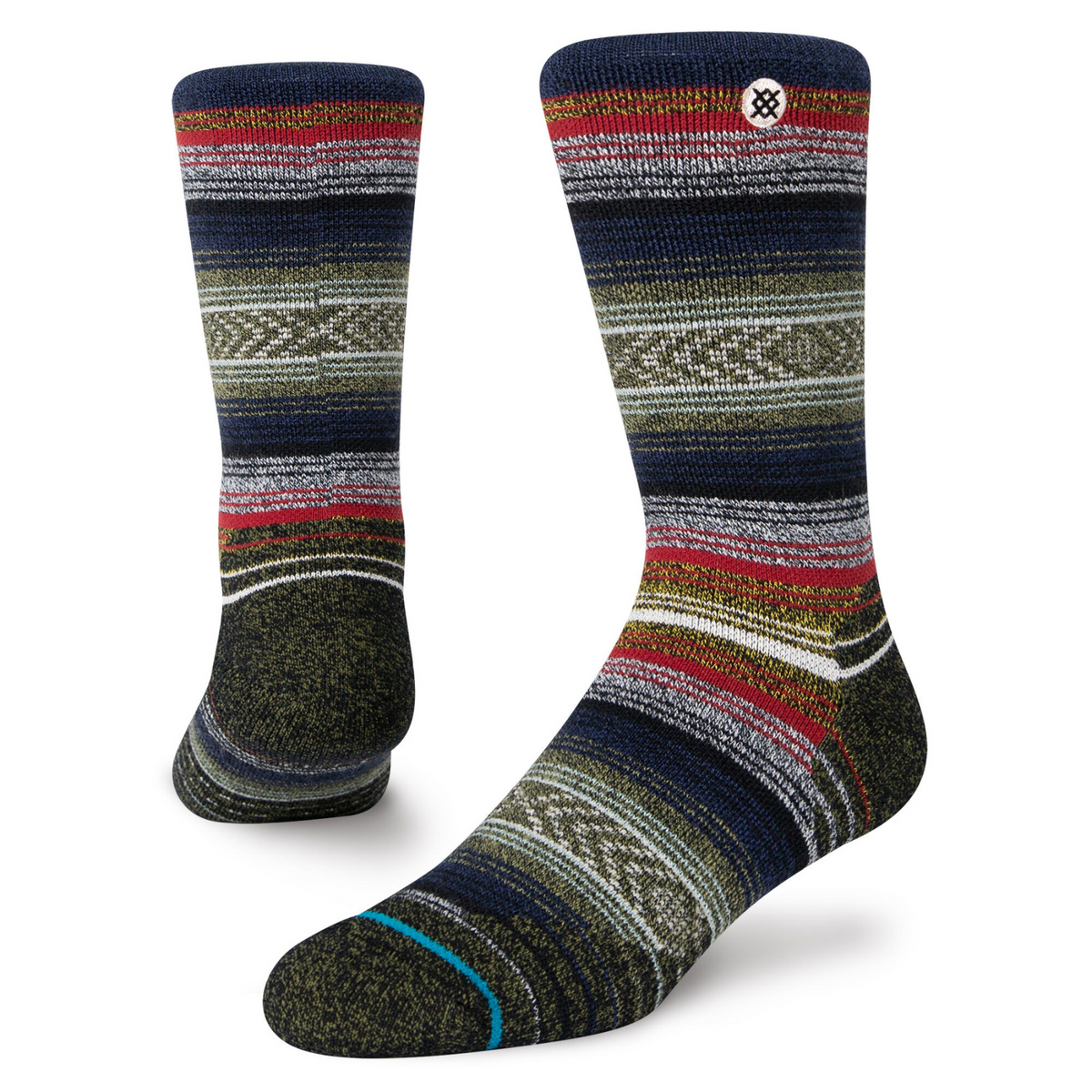 Stance Windy Peak Hike medium cushion men&#39;s sock featuring green, black, white and red stripes on display feet