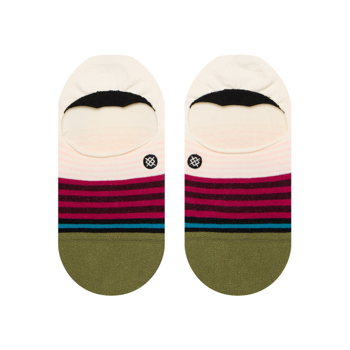 Top of Stance Sunshine Stripe women&#39;s no show sock featuring white sock with olive toe and purple stripes