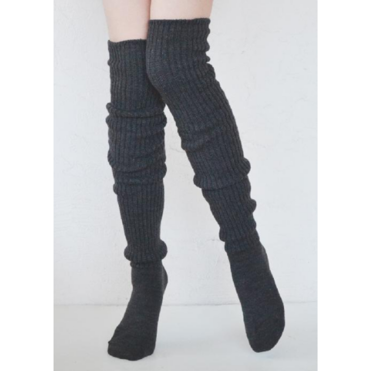 Tabbisocks Scrunchy Over the Knee women&#39;s socks shown in Dark grey color on model.