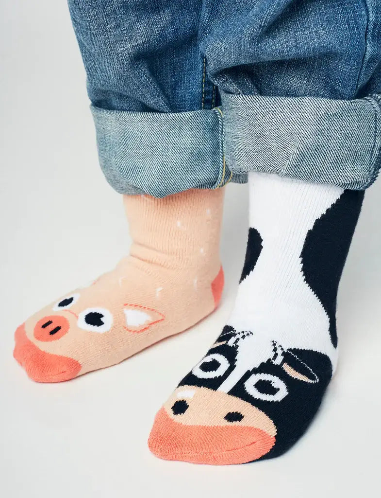 Pals/Cow & Pig Mismatched Non-Slip Kids Socks