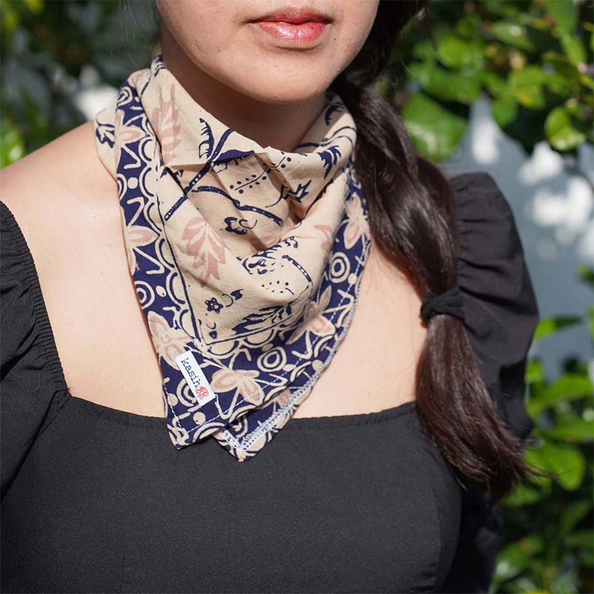 Kasih Coop/Handmade Batik Bandana Floral Blue Cream, Hand-dyed Scarf