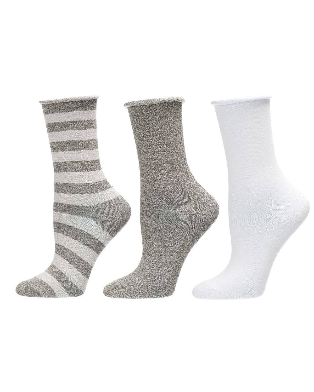 Memoi Stripe Roll Top Buttersoft Crew Sock 3 Pack