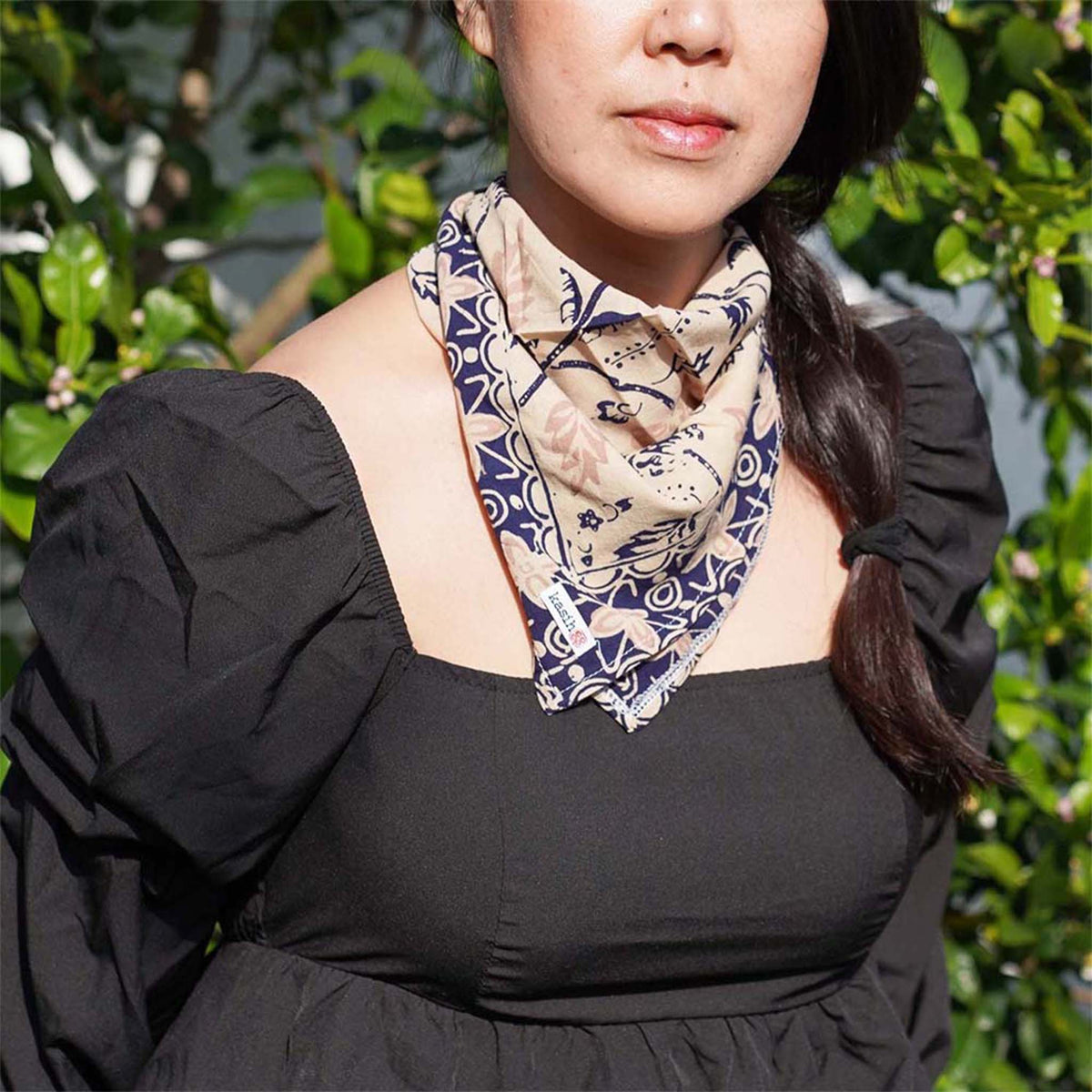 Kasih Coop/Handmade Batik Bandana Floral Blue Cream, Hand-dyed Scarf
