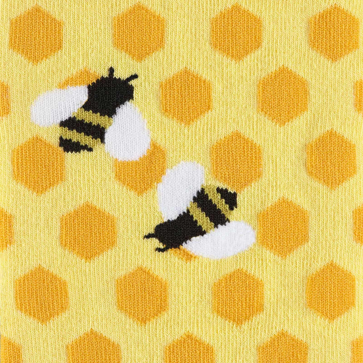 Detail of Sock It To Me Bee&#39;s Knees women&#39;s yellow sock featuring honeycomb and bees all over