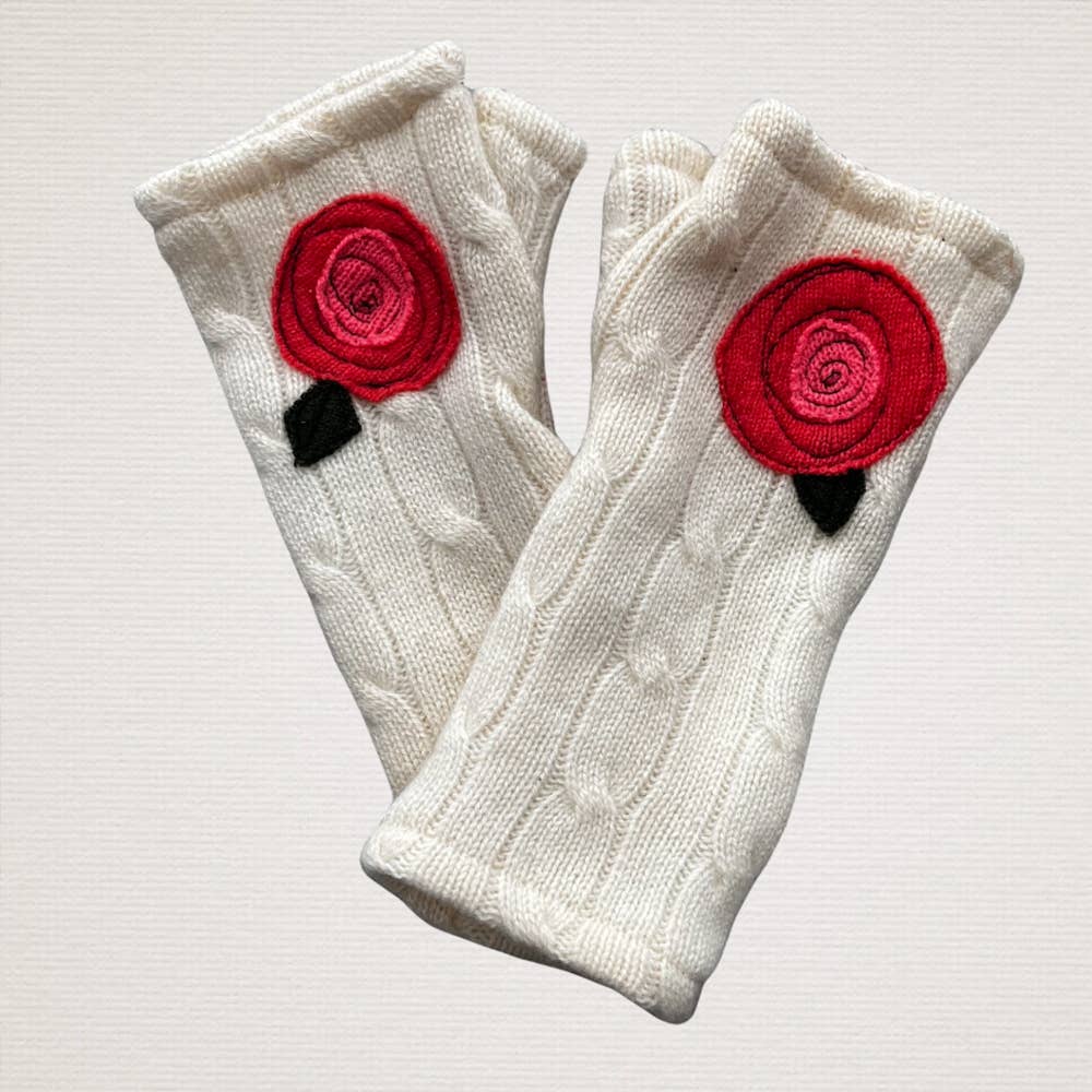 Sardine/Fingerless Cashmere Gloves-Blooming Rose