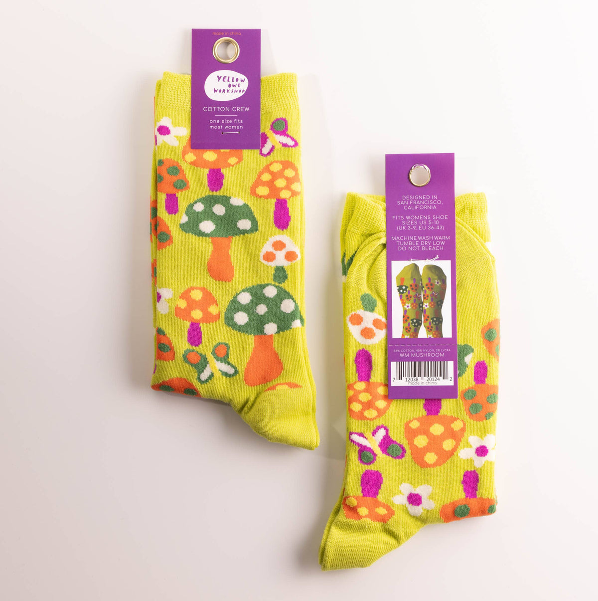 Yellow Owl Mushroom/Mushroom Butterfly Socks - Women's 1970s Retro Crew Socks-SALE