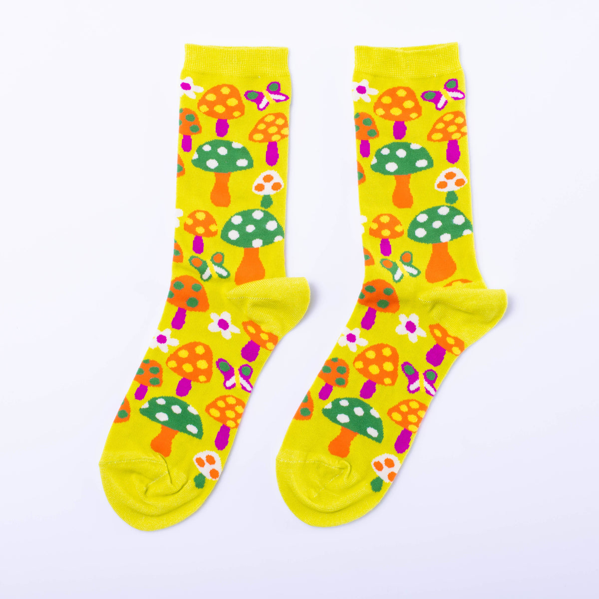 Yellow Owl Mushroom/Mushroom Butterfly Socks - Women's 1970s Retro Crew Socks-SALE