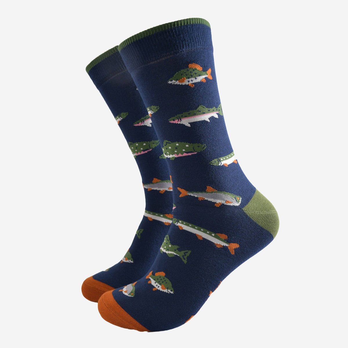 Sock Talk/Men's Bamboo Socks - Navy Blue/Green, River Fishing
