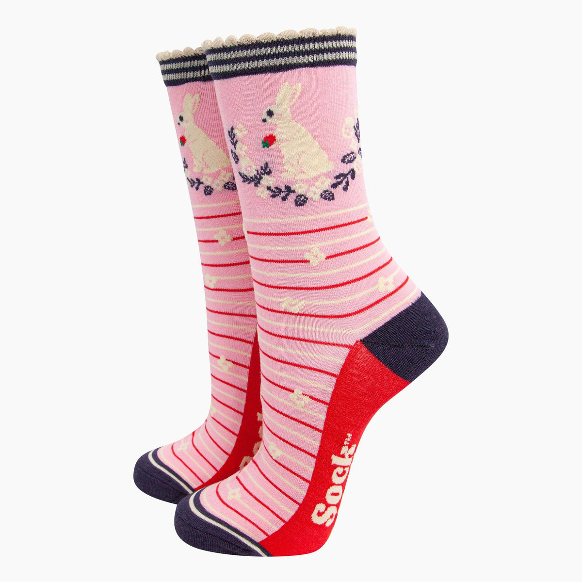 Sock Talk/Women's Bamboo Socks - Pink, Rabbit Wreath and Strawberry