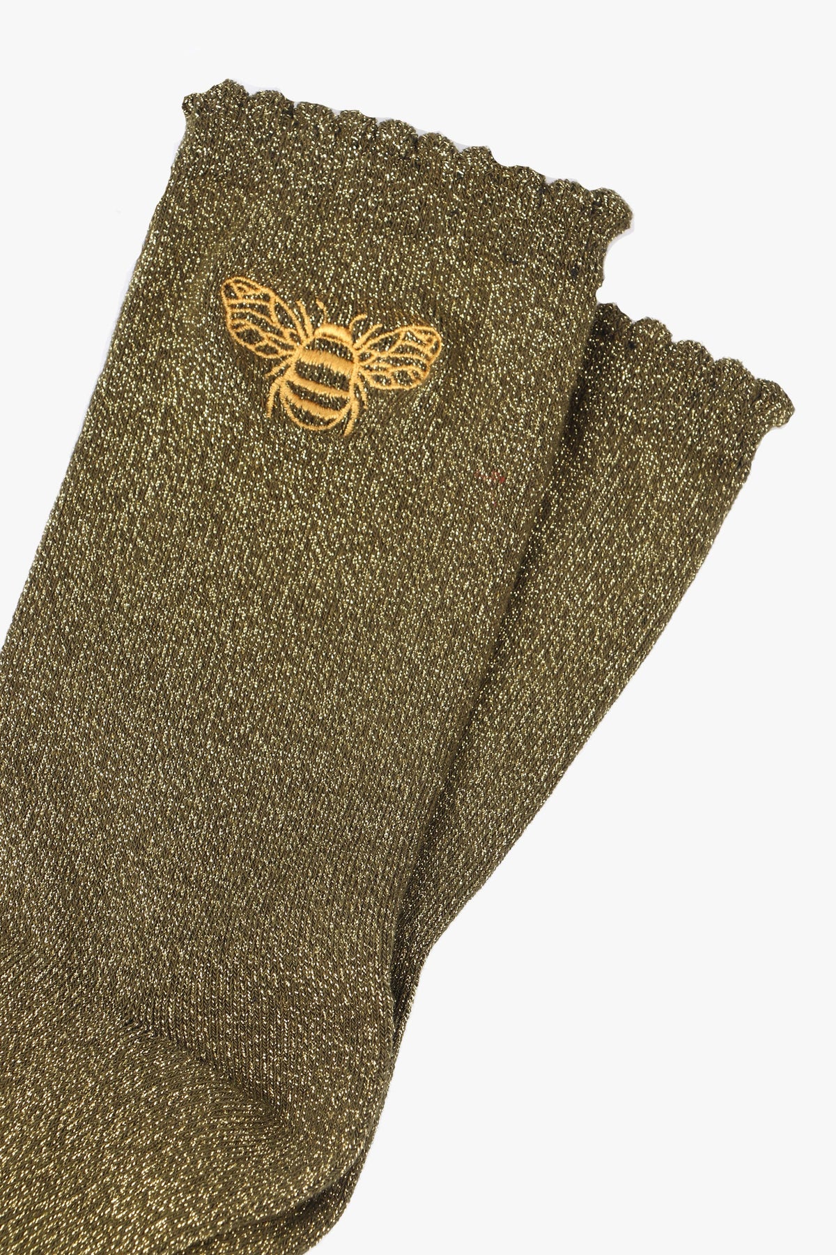 Sock Talk/Khaki Bee Glitter Socks with a Scalloped Cuff