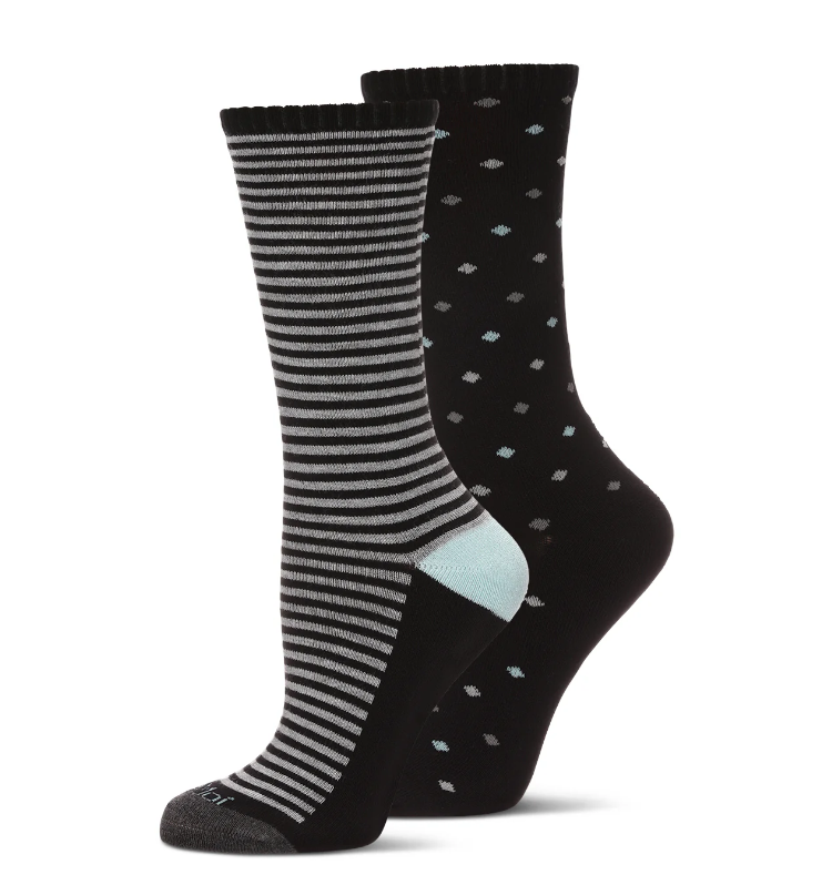 Memoi/Wellfit 2 Pair Diabetic Dots/Stripes Half Cushion Crew Socks