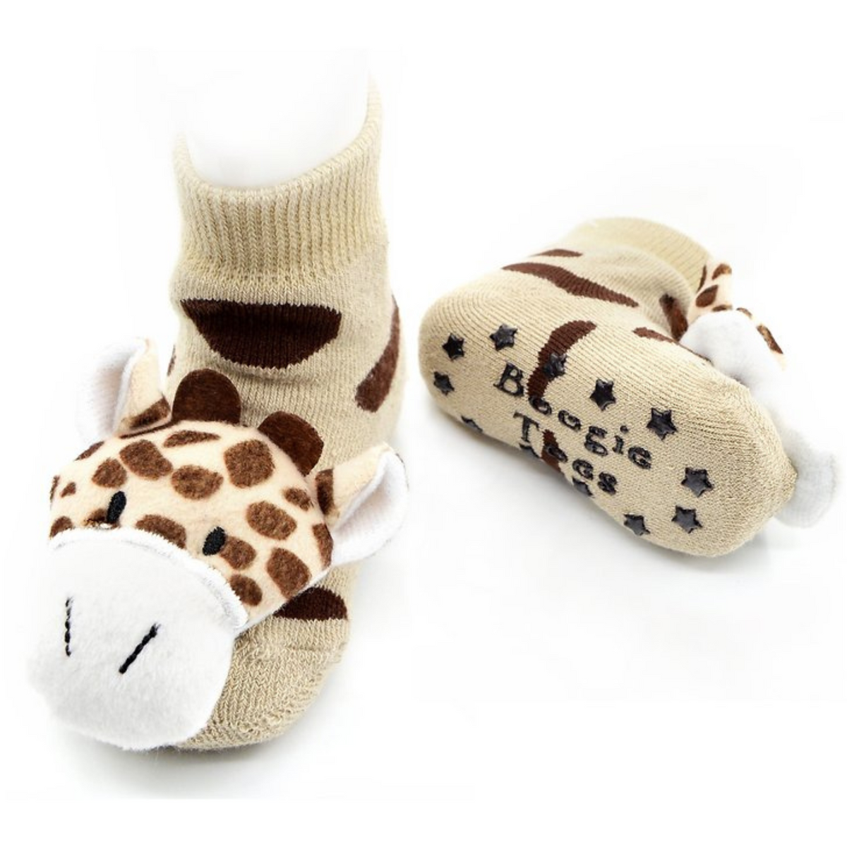 Boogie Toes beige baby socks with grips on the bottom featuring a Giraffe