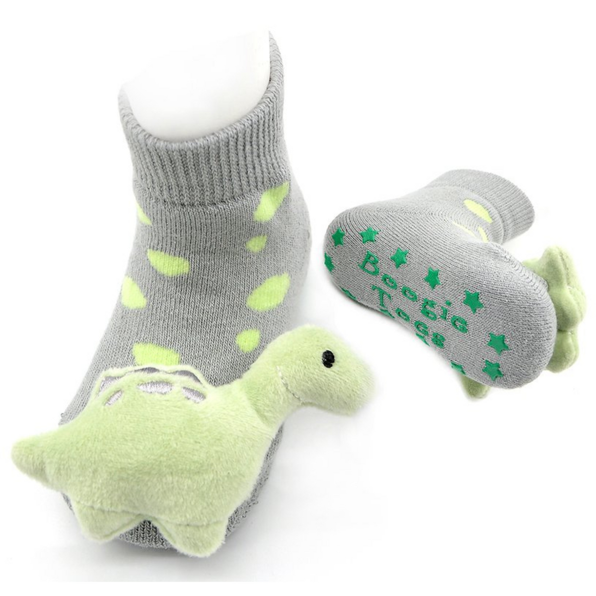 Boogie Toes gray baby socks with grips on the bottom featuring a Green Dinosaur