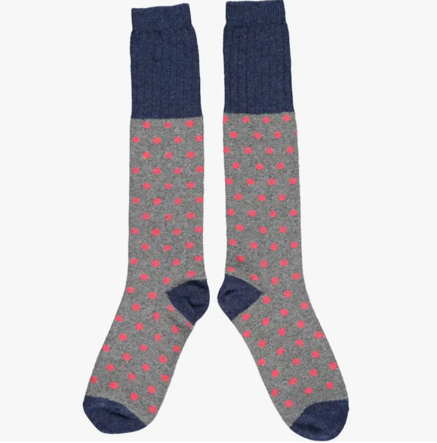 Catherine Tough Polka Dot lambswool women&#39;s boot socks feature gray socks with pink polka dots and blue toe, heel and cuff